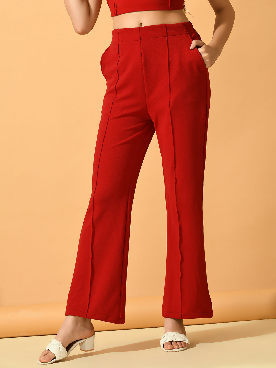 Myshka Women's Red Flared Party Trouser - Distacart