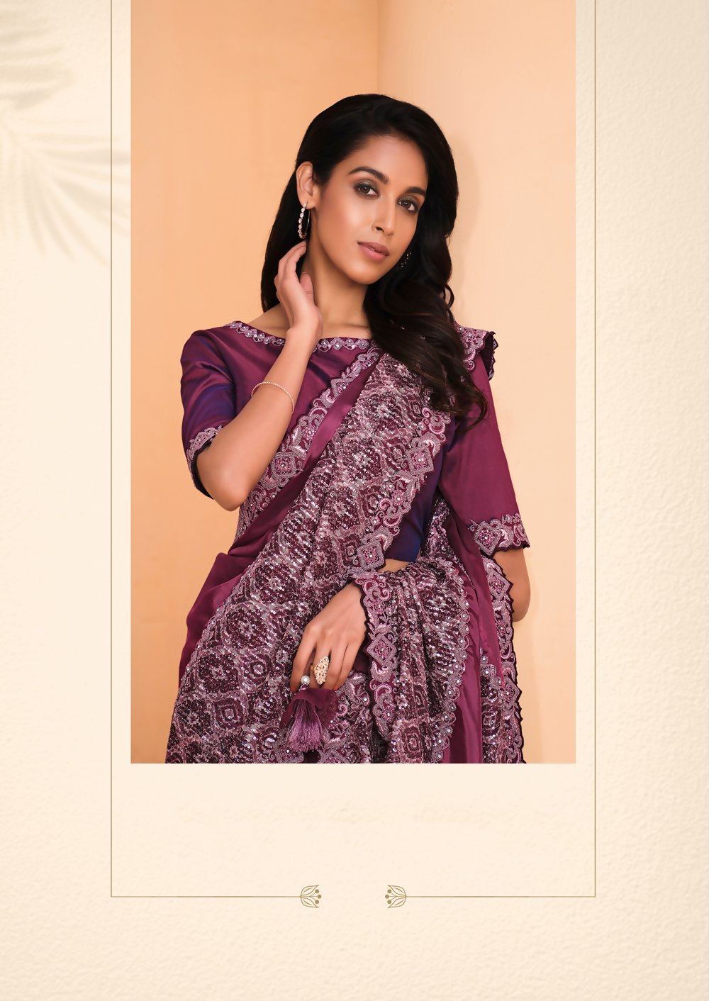 Maroon Satin Crepe Silk Embroidery with Digital Sequence Work Saree - Norita Helly - Distacart