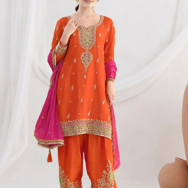 Anaita Orange Chinon Readymade Suit with Embroidery Coding & Sequence Work
