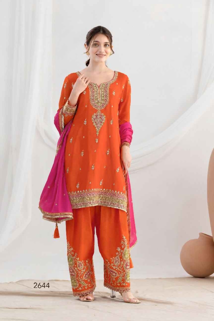 Anaita Orange Chinon Readymade Suit with Embroidery Coding & Sequence Work - Distacart