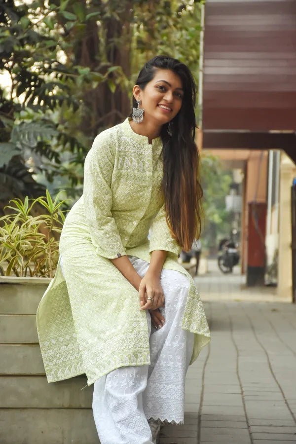 Jompers Women's Lime Green & White Chikankari Embroidered Kurta with Palazzos - Distacart