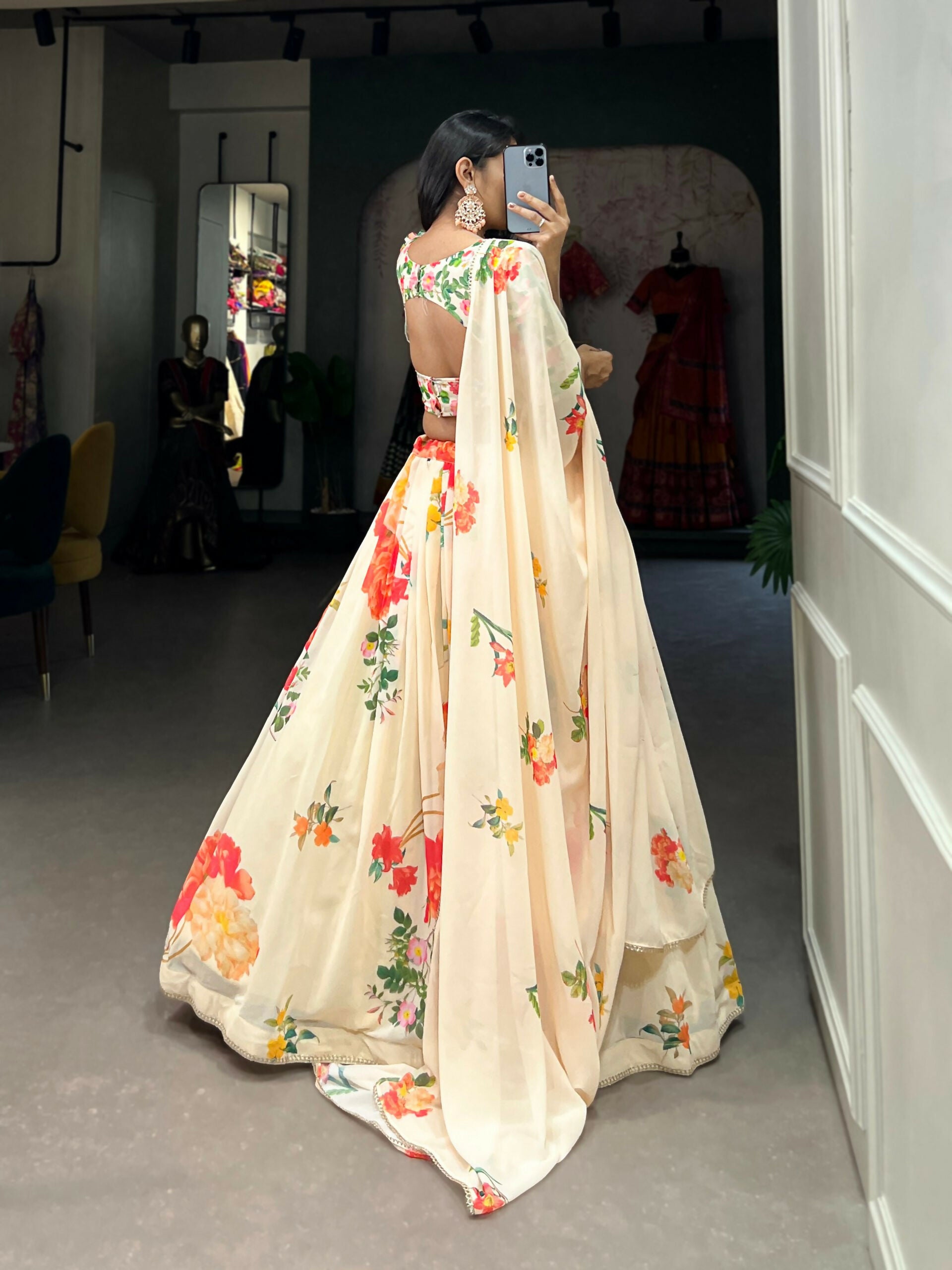 Vastranavya Floral Printed Georgette Lehenga Set With Thread Work Unstitched Choli - Cream - Distacart