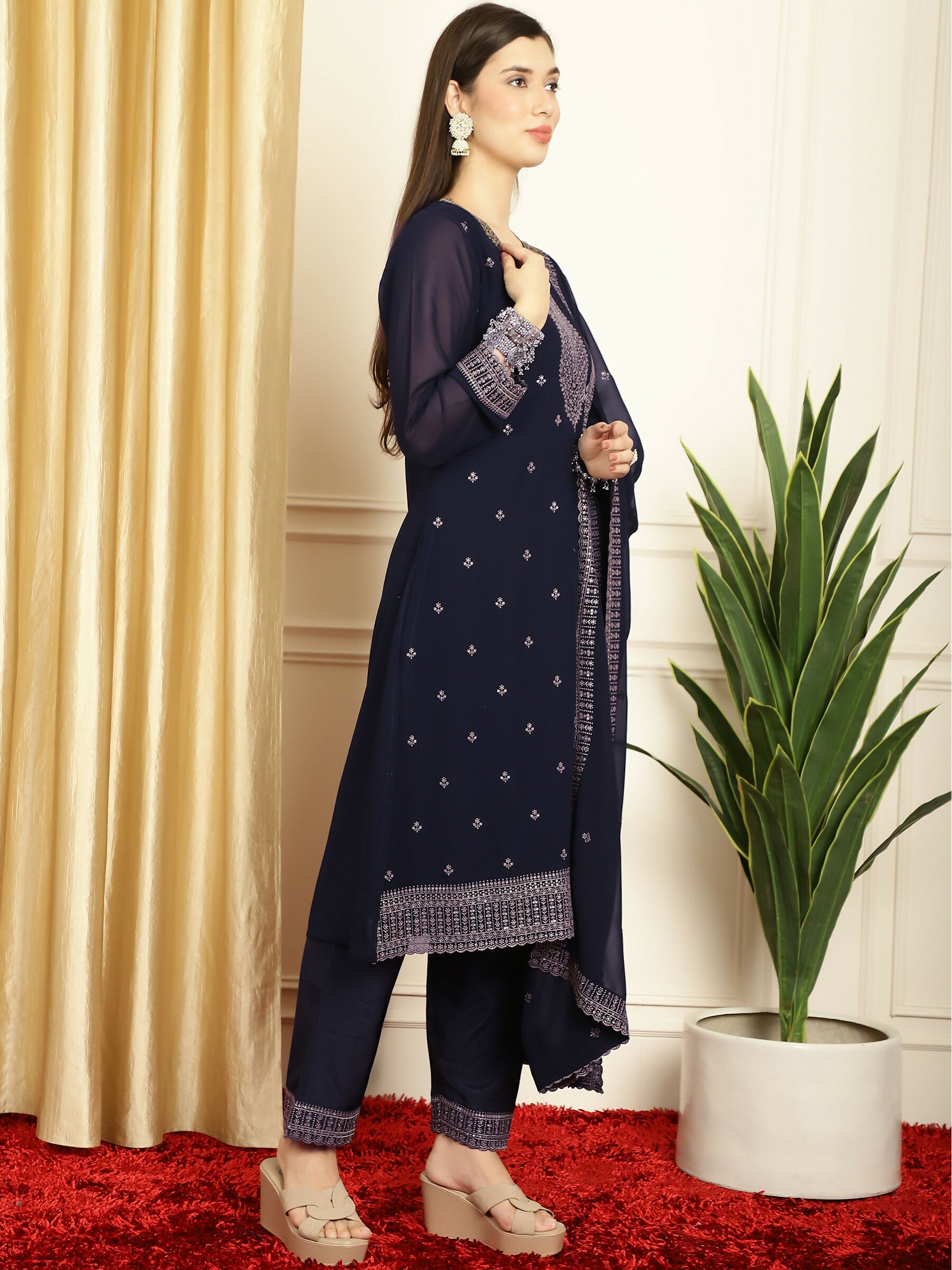 Jyoti Fashion Women's Navy Blue Georgette Resham Thread & Sequin Kurta with Trouser & Dupatta - Distacart