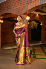 Thumbnail for Jyoti Fashion Women's Wine Paithani Silk Zari Woven Saree with Blouse - Distacart