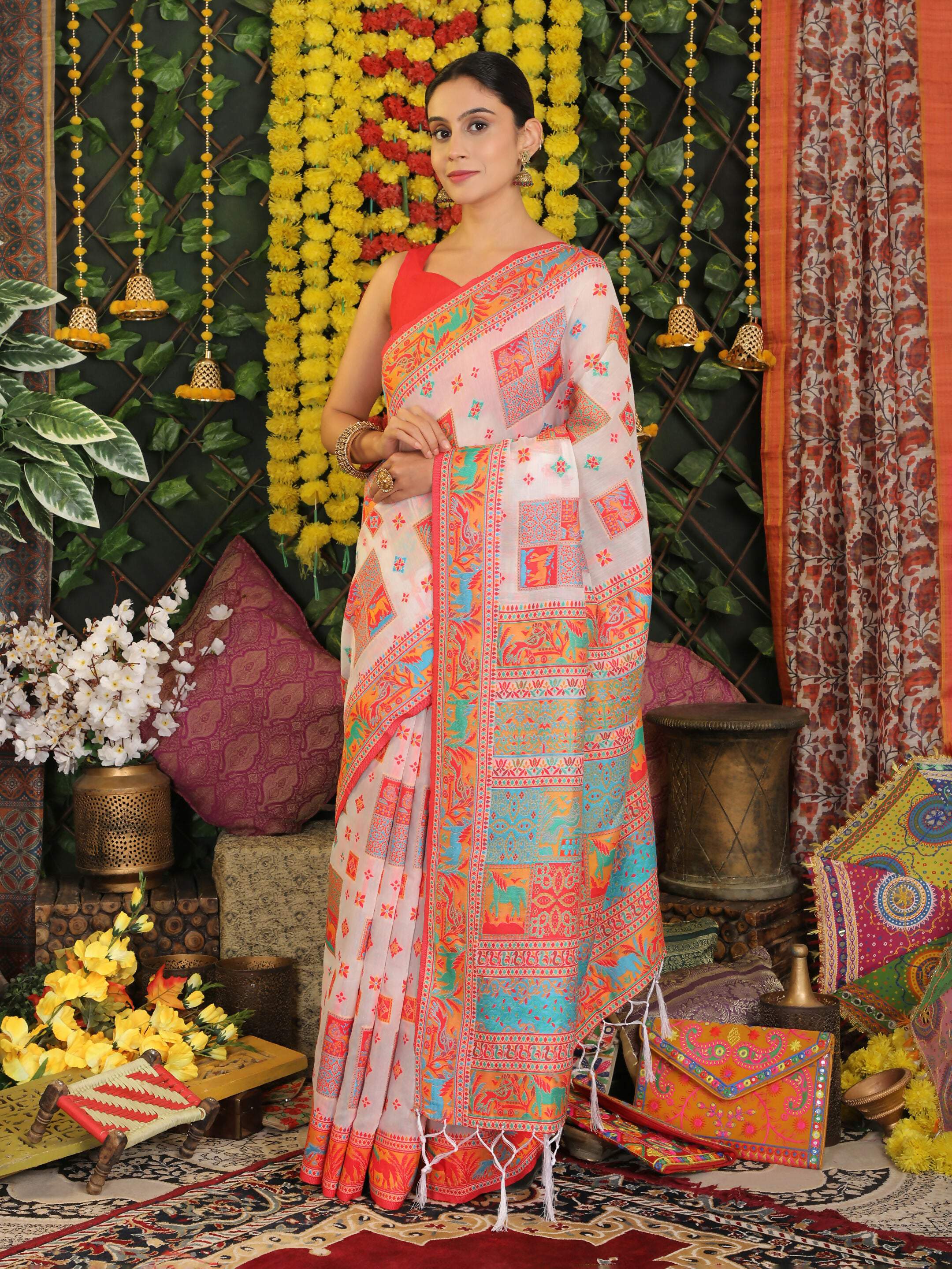 Astita Linen Cotton White Saree