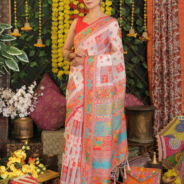 Astita Linen Cotton White Saree