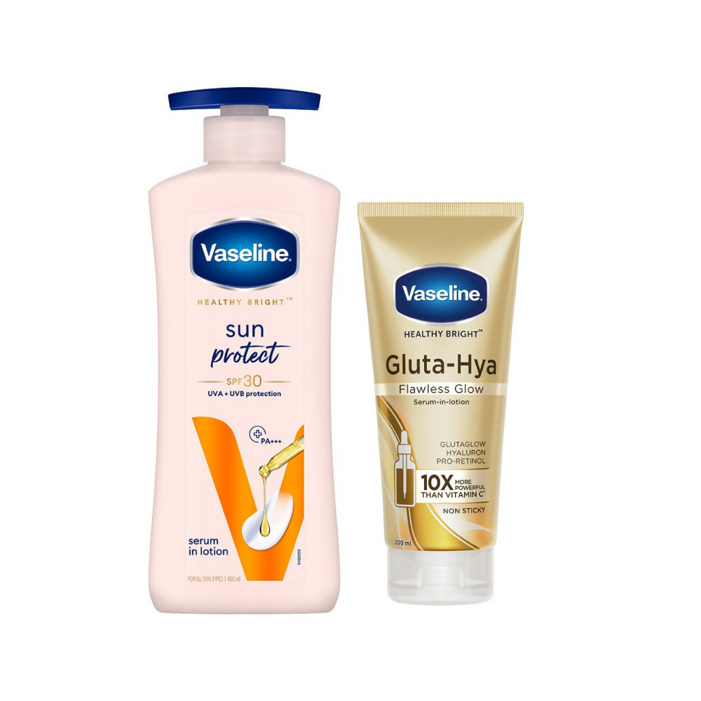 Vaseline Sun Protect SPF 30 Body Lotion & Gluta-Hya Flawless Glow Serum-In-Lotion Combo - Distacart