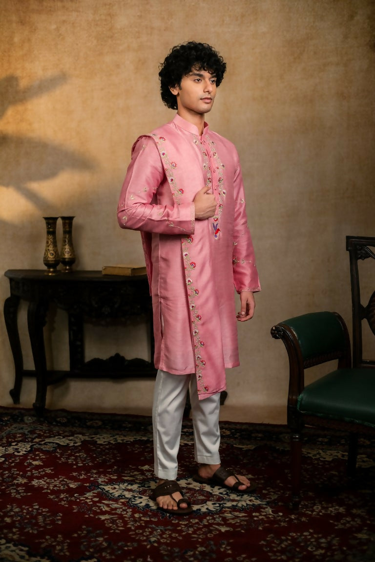 Falling Raw Silk Pink Gulab Pakshi Kurta Set By Hilo Design