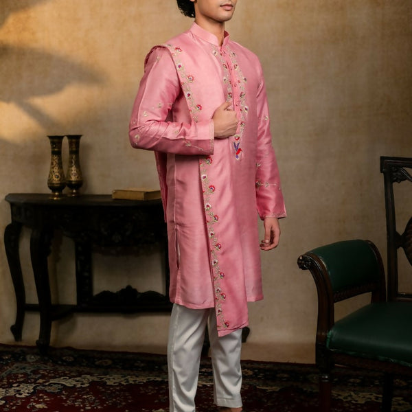 Falling Raw Silk Pink Gulab Pakshi Kurta Set By Hilo Design