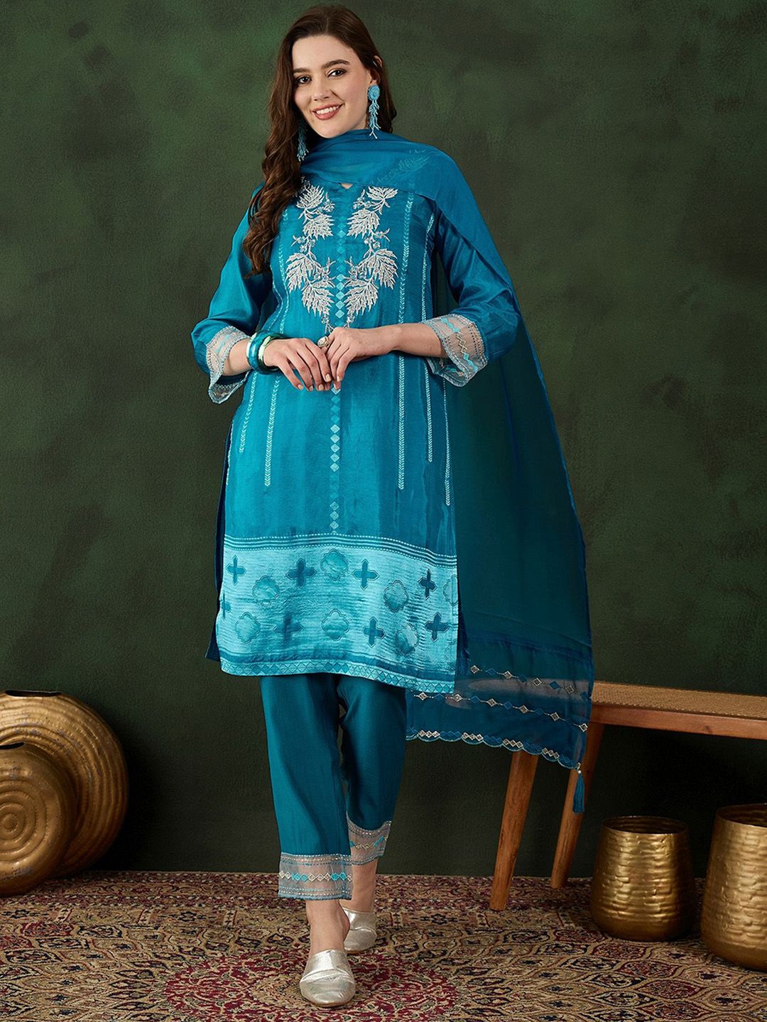 Sangria Embroidered Kurta & Trouser With Dupatta - Distacart