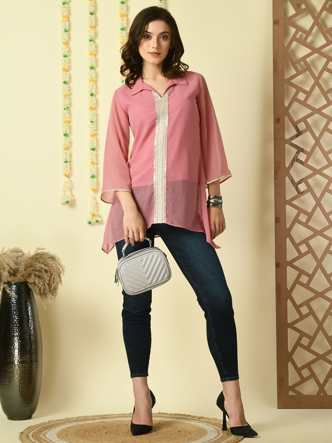 Myshka Women's Pink Embroidered Party Fusion Top - Distacart