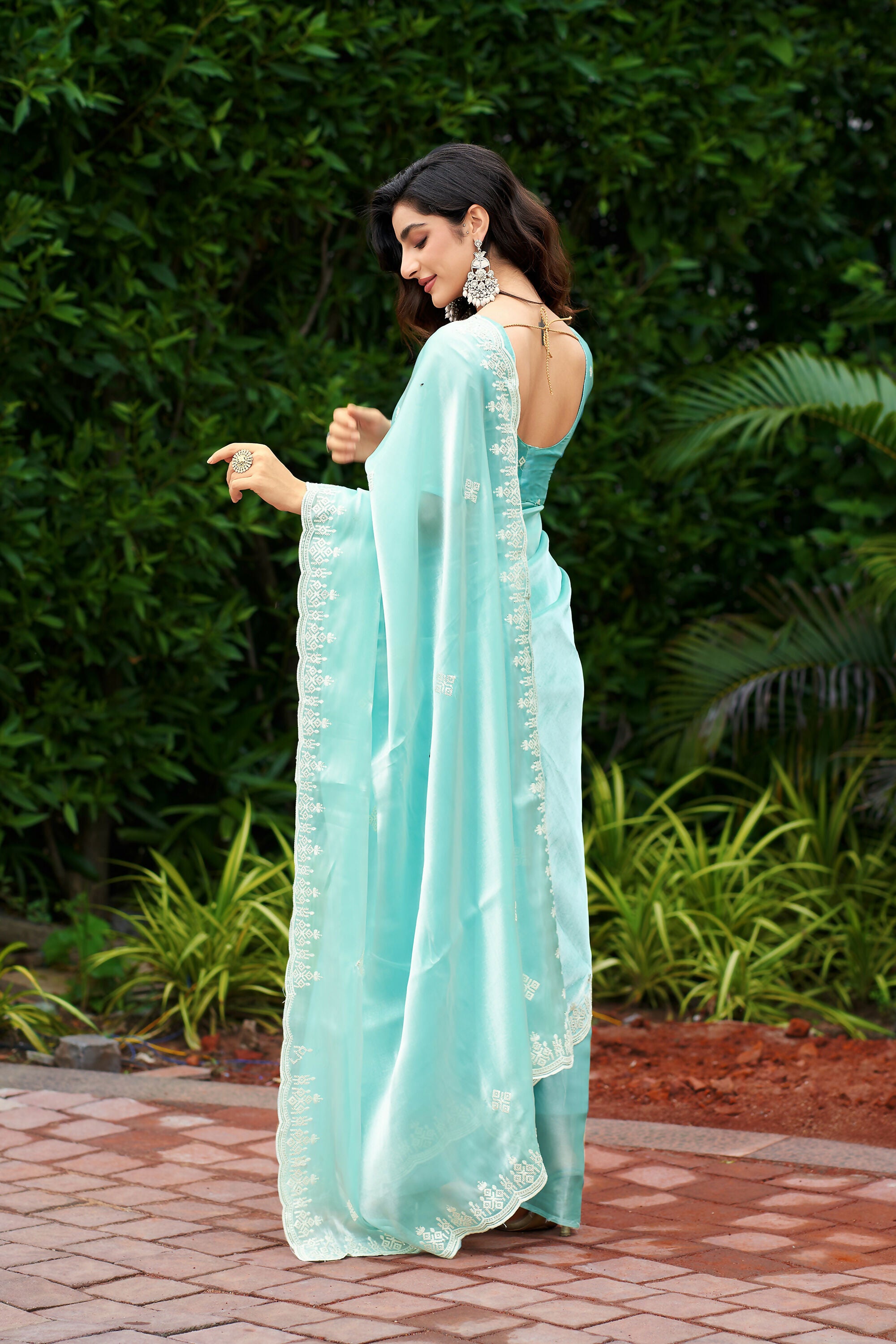 Vastranavya Turquoise Embroidery Work Shimmer Chiffon Saree with Unstitched Blouse