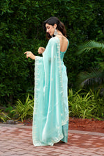 Thumbnail for Vastranavya Turquoise Embroidery Work Shimmer Chiffon Saree with Unstitched Blouse