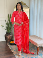 Thumbnail for The52 Women's Muslin hand Embroidered Straight Kurta, Pant and Dupatta Set