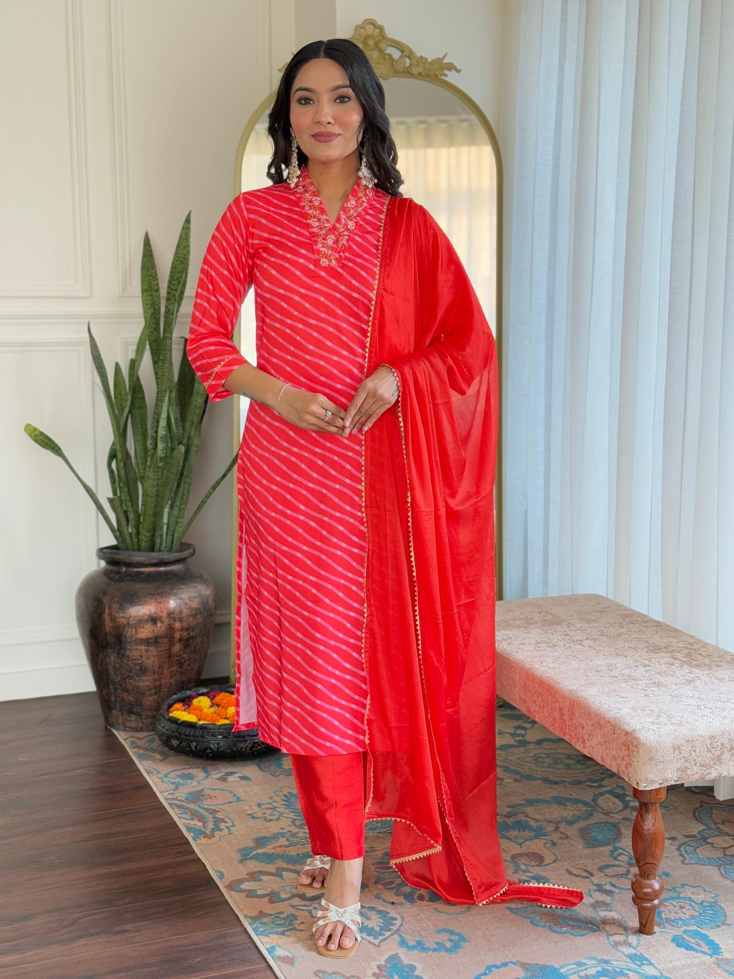 The52 Women's Muslin hand Embroidered Straight Kurta, Pant and Dupatta Set