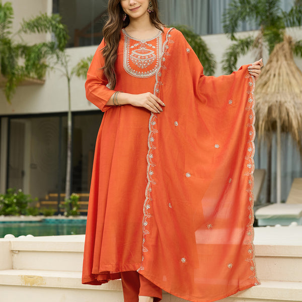 The52 Women's Orange Embroidered Vichitra Silk Fabric Straight Kurta, Pant and Dupatta Set - Distacart