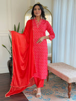 Thumbnail for The52 Women's Muslin hand Embroidered Straight Kurta, Pant and Dupatta Set