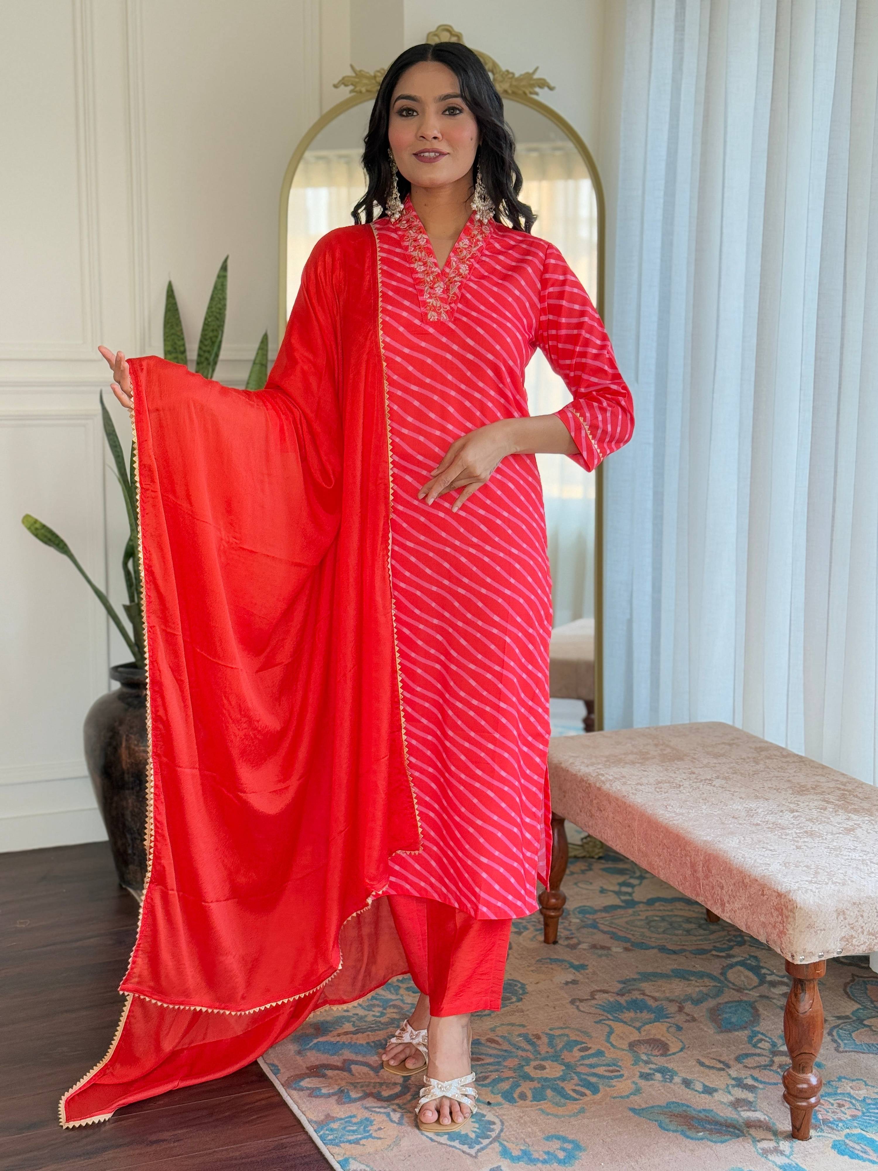 The52 Women's Muslin hand Embroidered Straight Kurta, Pant and Dupatta Set