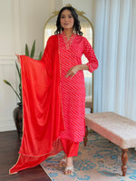 Thumbnail for The52 Women's Muslin hand Embroidered Straight Kurta, Pant and Dupatta Set