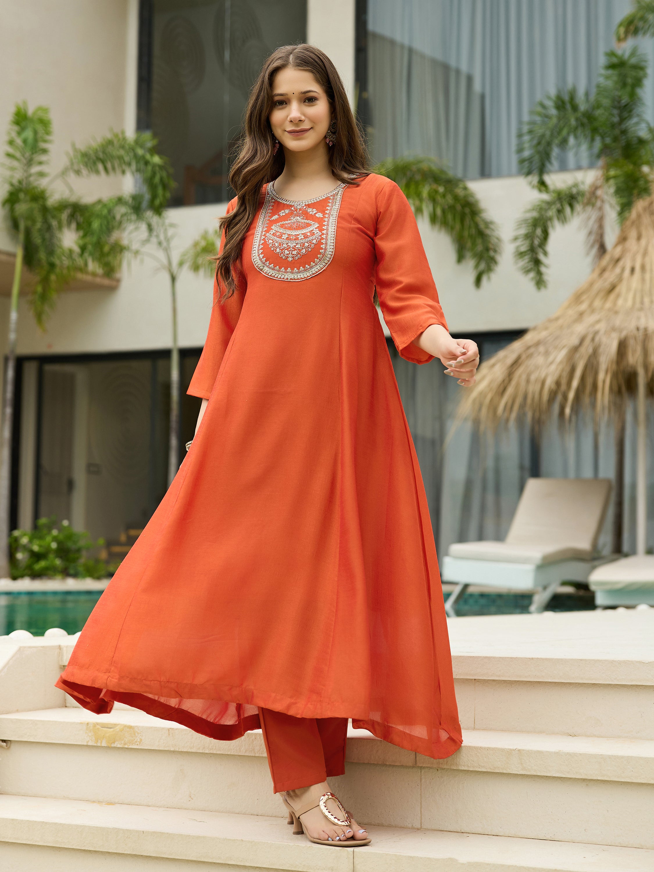 The52 Women's Orange Embroidered Vichitra Silk Fabric Straight Kurta, Pant and Dupatta Set