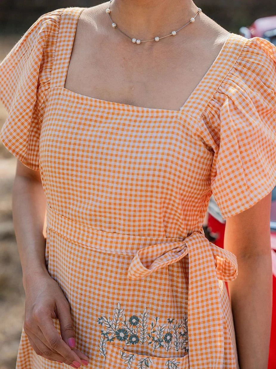 Yufta Orange Checked Dress - Distacart