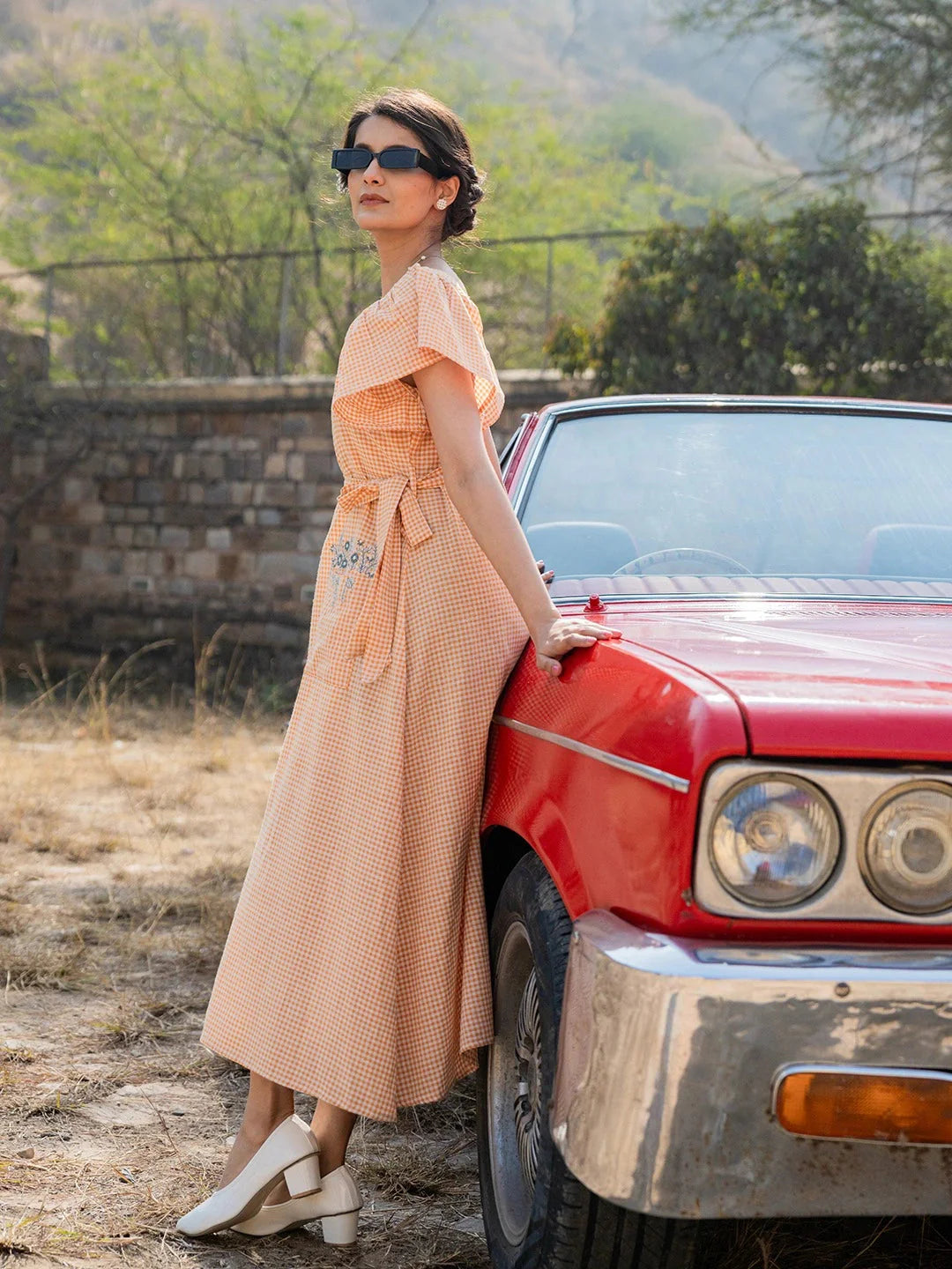 Yufta Orange Checked Dress - Distacart
