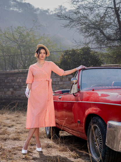 Yufta Orange Cotton Check Comes With A Belt Dress - Distacart