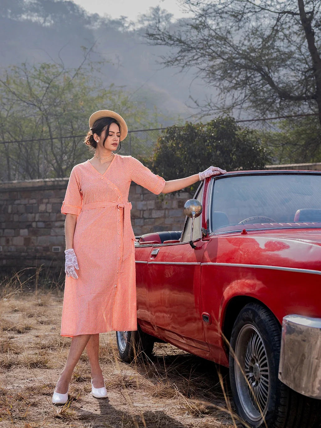 Yufta Orange Cotton Check Comes With A Belt Dress