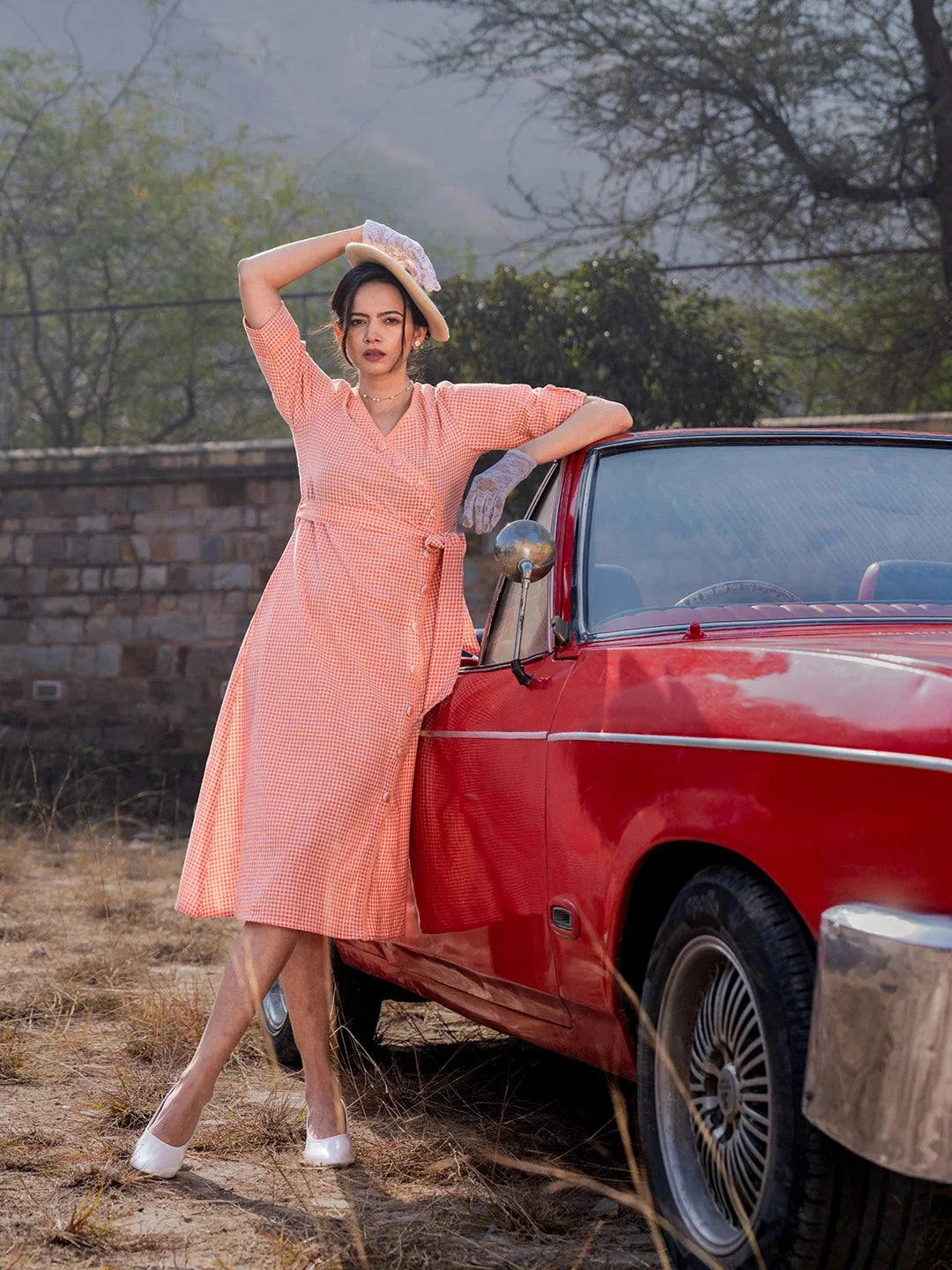 Yufta Orange Cotton Check Comes With A Belt Dress