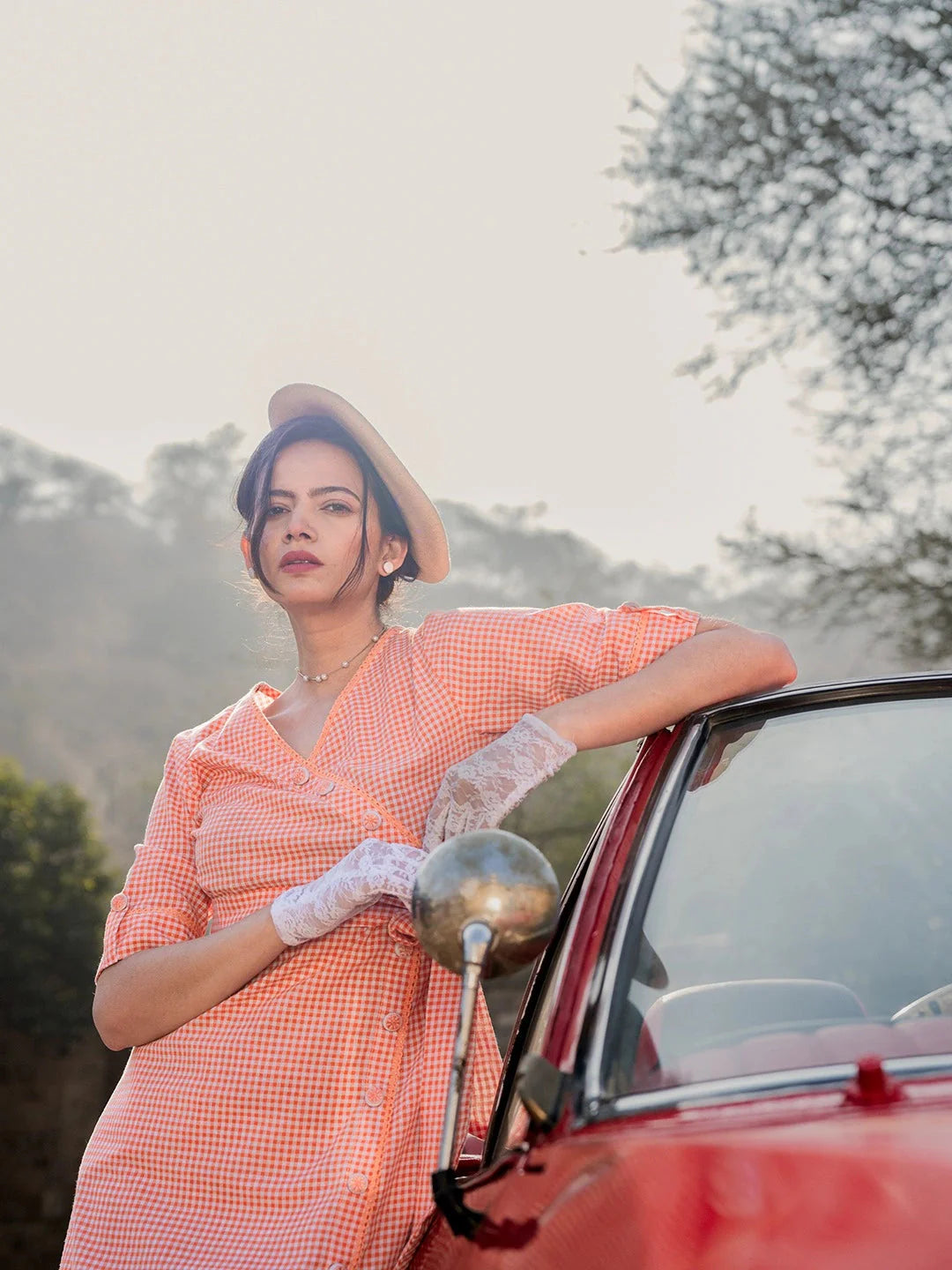 Yufta Orange Cotton Check Comes With A Belt Dress - Distacart