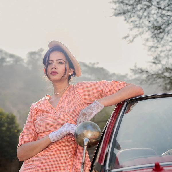 Yufta Orange Cotton Check Comes With A Belt Dress - Distacart