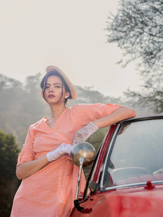 Yufta Orange Cotton Check Comes With A Belt Dress