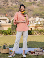 Thumbnail for Yufta Orange Cotton Checks Printed Embroidery Top - Distacart