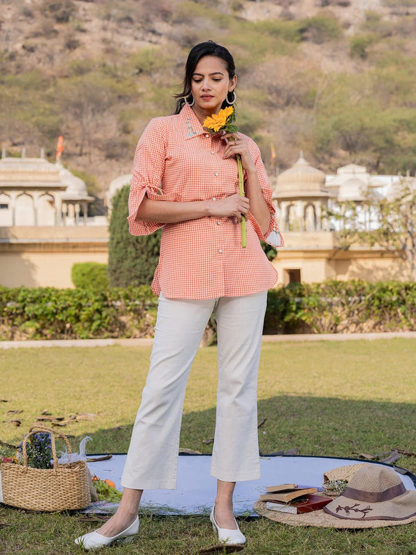 Yufta Orange Cotton Checks Printed Embroidery Top - Distacart