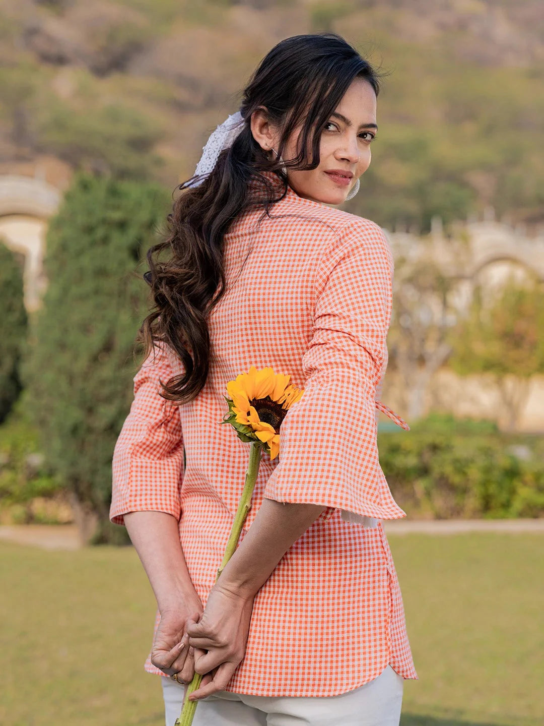 Yufta Orange Cotton Checks Printed Embroidery Top - Distacart
