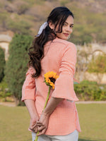 Thumbnail for Yufta Orange Cotton Checks Printed Embroidery Top - Distacart