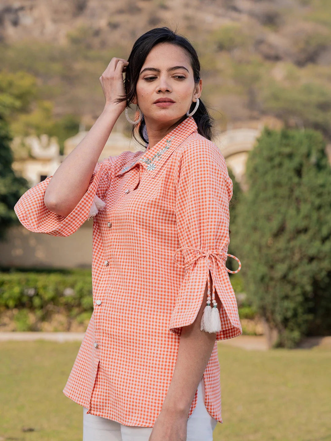 Yufta Orange Cotton Checks Printed Embroidery Top - Distacart