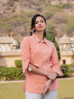 Thumbnail for Yufta Orange Cotton Checks Printed Embroidery Top - Distacart