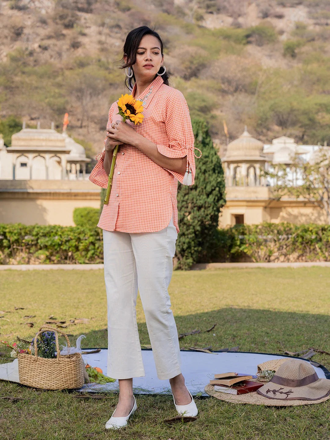 Yufta Orange Cotton Checks Printed Embroidery Top - Distacart