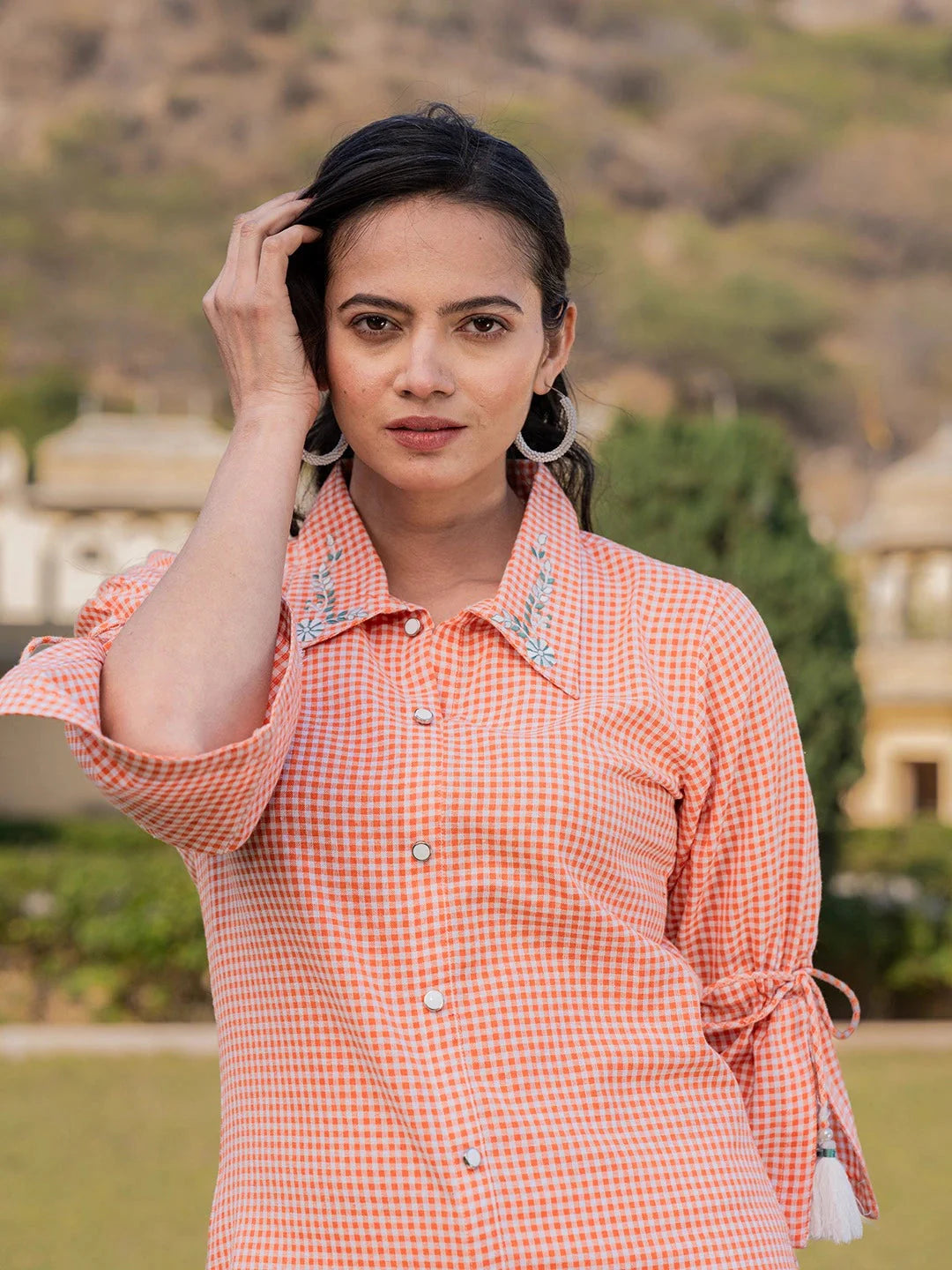 Yufta Orange Cotton Checks Printed Embroidery Top - Distacart