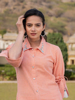 Thumbnail for Yufta Orange Cotton Checks Printed Embroidery Top - Distacart