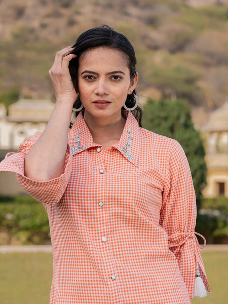 Yufta Orange Cotton Checks Printed Embroidery Top - Distacart