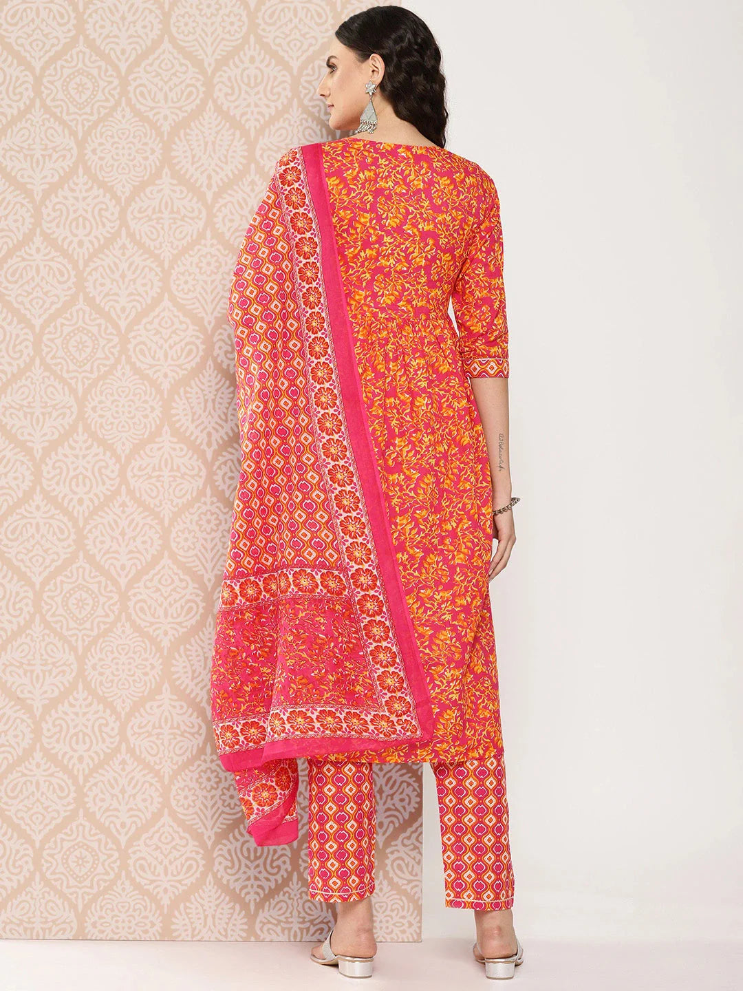 Yufta Orange Floral Printed Regular Sequinned Pure Cotton Kurta with Trousers & Dupatta Set - Distacart