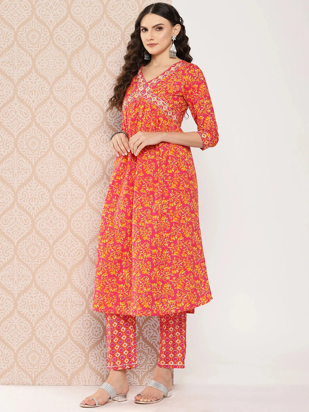 Yufta Orange Floral Printed Regular Sequinned Pure Cotton Kurta with Trousers & Dupatta Set