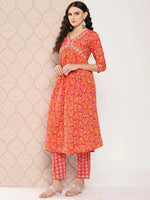 Thumbnail for Yufta Orange Floral Printed Regular Sequinned Pure Cotton Kurta with Trousers & Dupatta Set