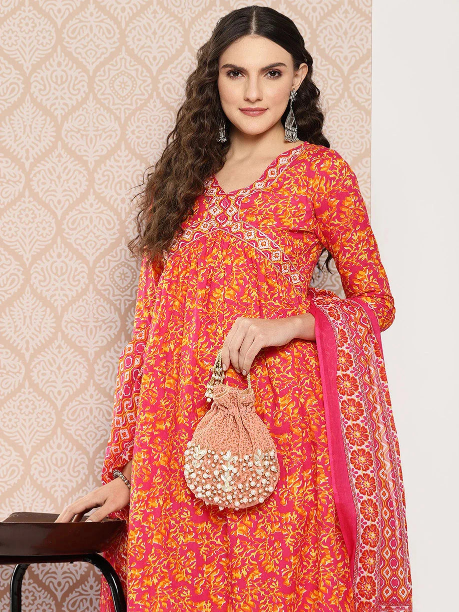 Yufta Orange Floral Printed Regular Sequinned Pure Cotton Kurta with Trousers & Dupatta Set