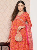 Thumbnail for Yufta Orange Floral Printed Regular Sequinned Pure Cotton Kurta with Trousers & Dupatta Set