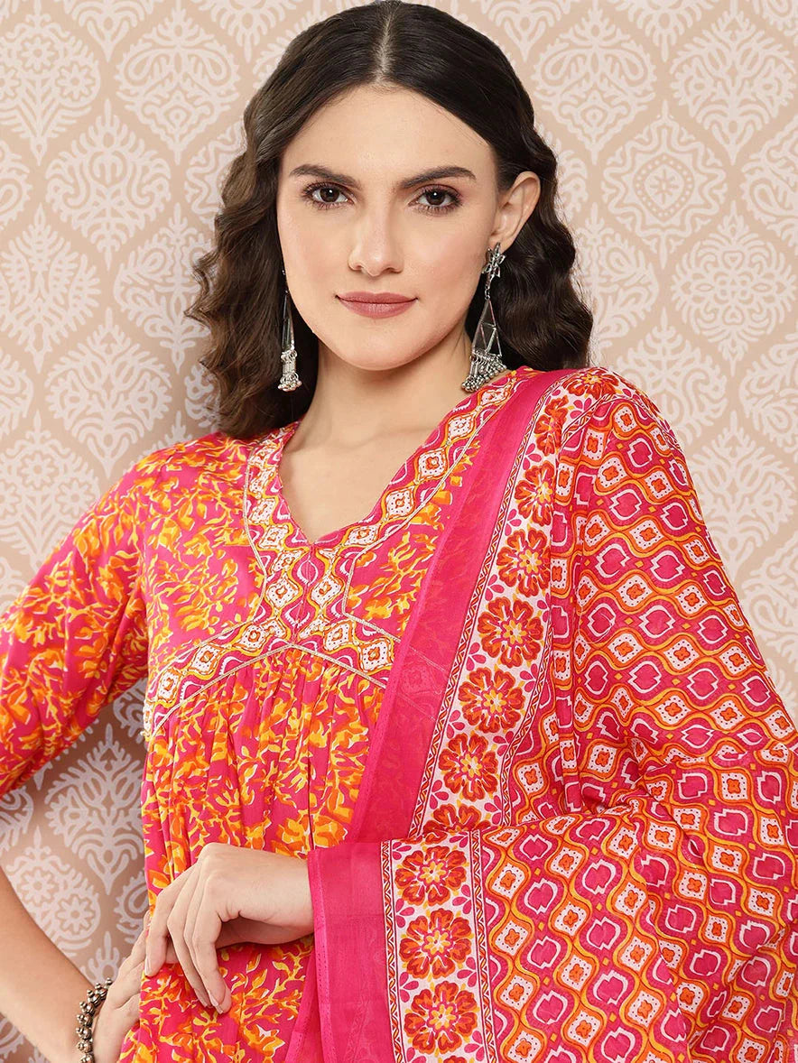 Yufta Orange Floral Printed Regular Sequinned Pure Cotton Kurta with Trousers & Dupatta Set