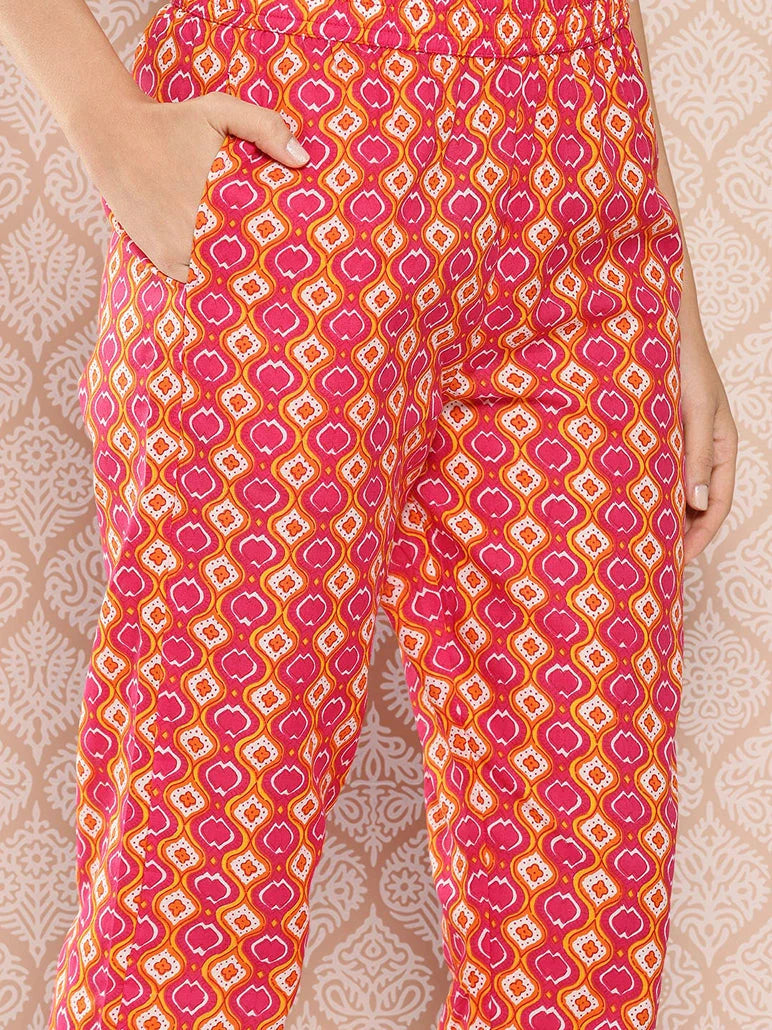 Yufta Orange Floral Printed Regular Sequinned Pure Cotton Kurta with Trousers & Dupatta Set