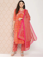 Thumbnail for Yufta Orange Floral Printed Regular Sequinned Pure Cotton Kurta with Trousers & Dupatta Set
